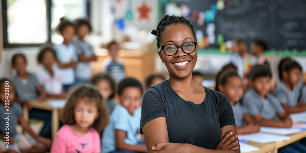 A young teacher in the background of a classroom at a school with children smiling in the background A young teacher in the background of a classroom at a school with children smiling in the background