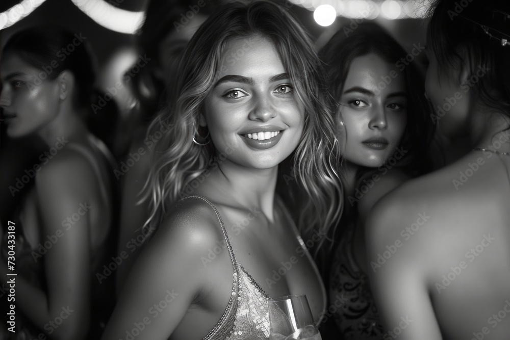 Fototapeta premium girls dancing and enjoying in a night club. Black and white photography. Generative AI