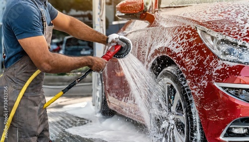Automotive Detailer Washing Away Smart Soap and Foam with a Water High Pressure Washer. Close Up of a Red Performance
