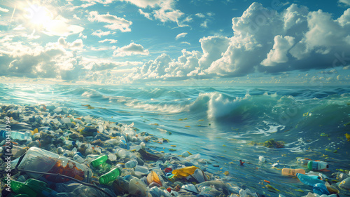 Ocean polluted with plastic waste, environmental crisis concept