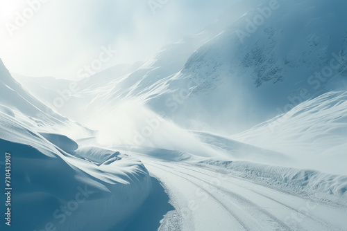 blizzard in a mountain pass, with snowdrifts and whiteout conditions. photo