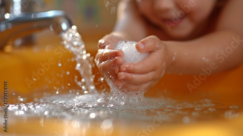A small child tries to wash himself from the tap