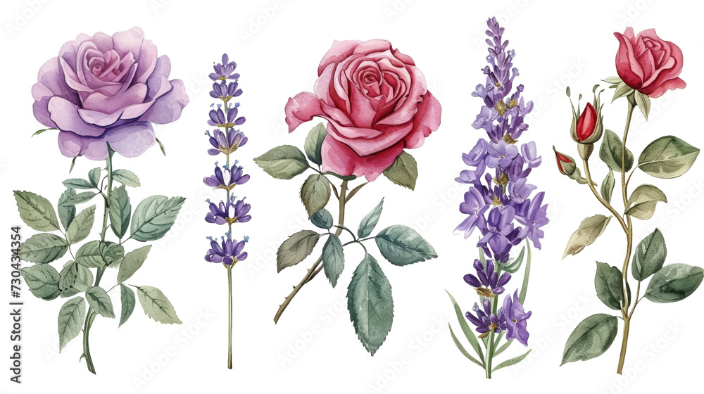 Watercolor bouquet of roses and lavender flowers isolated transparent background. PNG Format.
