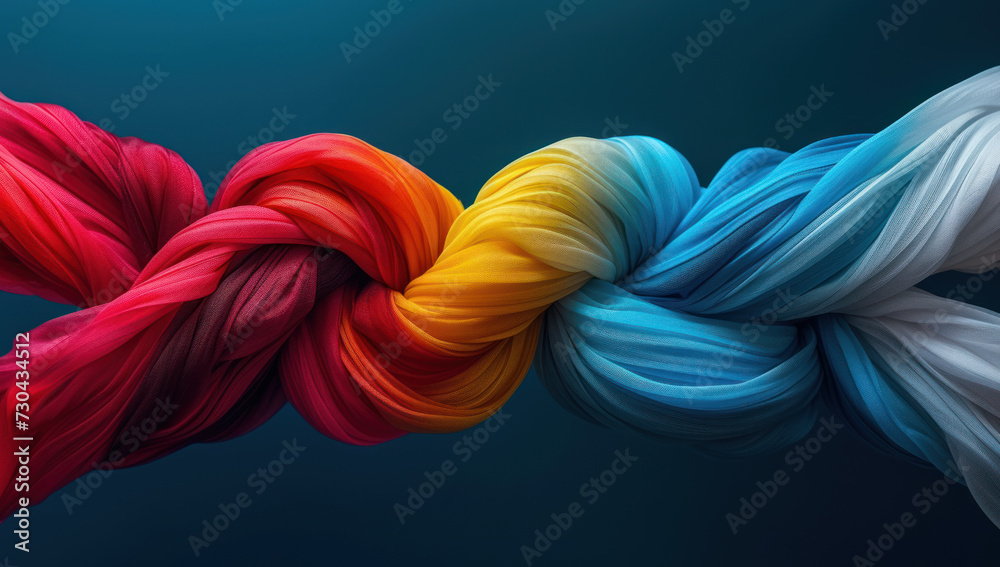 colorful knots on black background with text overlay