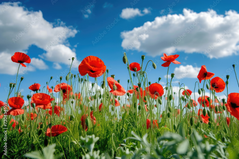 Obraz premium field of poppies, with a blue sky and white clouds in the background