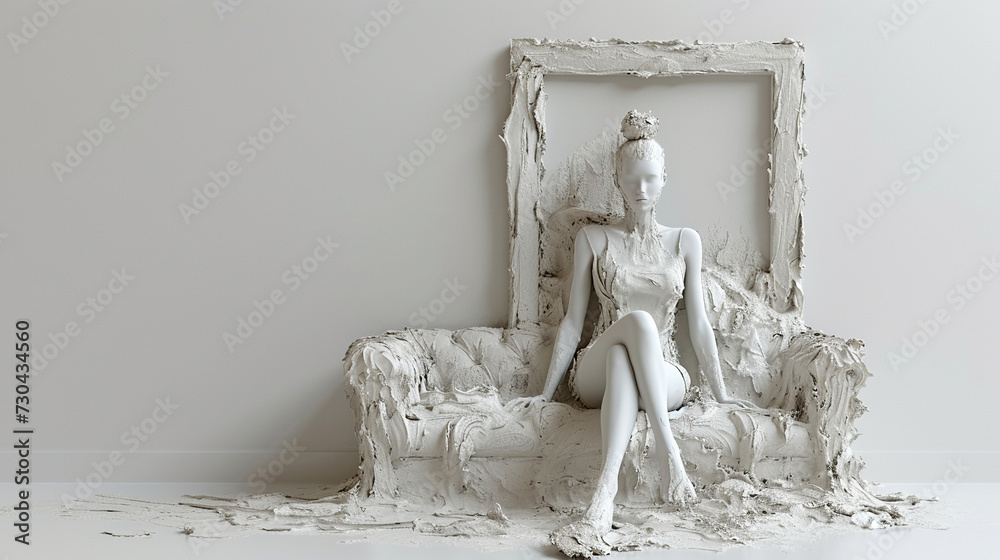 white fashion mannequin woman rough textured dummy sitting on a sofa , isolated on white background - obrazy, fototapety, plakaty 