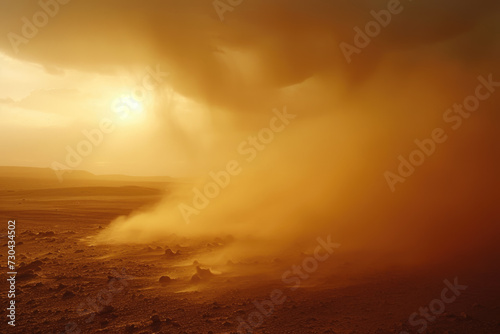 dust storm in a desert, with sand blowing across the landscape