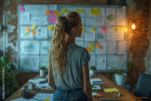 A collaboration hub adorned with sticky notes and creative ideas on a whiteboard illustrates the dynamic and iterative nature of problem-solving in a business setting.  Generative Ai.