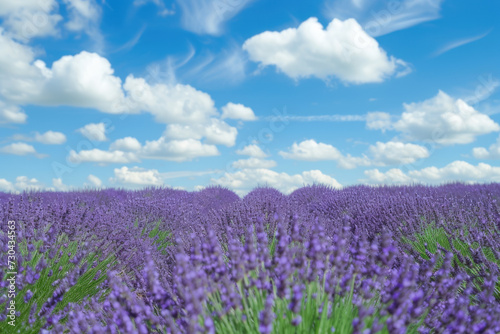 field of lavender  with a blue sky and white clouds in the background