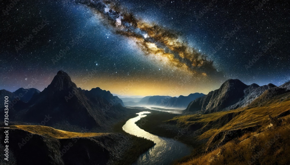 Fototapeta premium Earth sunrise. the milky way and the mountains and rivers