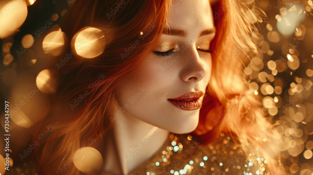 Woman with red hair in golden dress. Festive gold glitter vibes, luxury and premium street syle photography for advertising product design. Fashion beautiful Woman with red hair in golden dress. Festive gold glitter vibes, luxury and premium street syle photography for advertising product design. Fashion beautiful