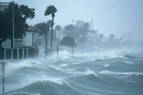 hurricane approaching a coastal city, with high winds and storm surge flooding photo