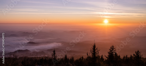 Hazy landscape at sunset time. View from Jested Mountain, Liberec, Czech Republic © pyty