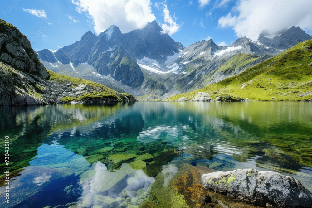 mountain lake with crystal-clear water and a reflection of the surrounding peaks.