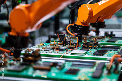 Robot manipulators assembling microchips in a factory creating microchip boards by robots photo