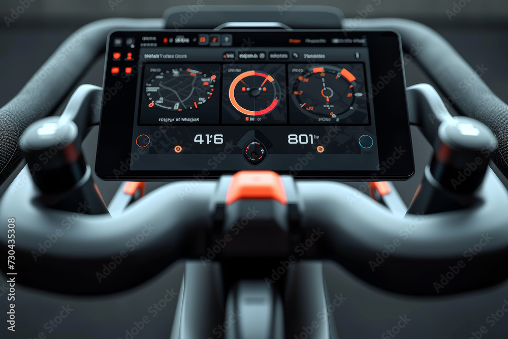 A stationary bike screen mockup with a customizable display, perfect for presenting fitness app interfaces, workout programs, and health-related digital content. Generative Ai. A stationary bike screen mockup with a customizable display, perfect for presenting fitness app interfaces, workout programs, and health-related digital content. Generative Ai.