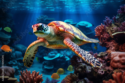 A vibrant sea turtle navigates the warm waters of a coral reef, its intricate patterned shell a striking contrast against the vivid marine flora. 