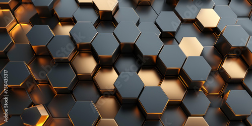 Abstract futuristic luxurious digital geometric technology hexagon background banner illustration 3d - Glowing gold, brown, gray and black hexagonal 3d shape texture wall
