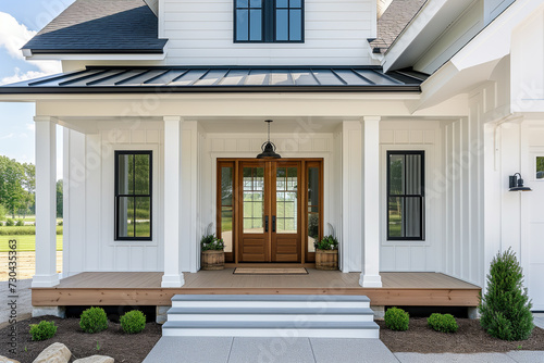 A front door detail of a white modern farmhouse with a wooden front door and a covered porch.