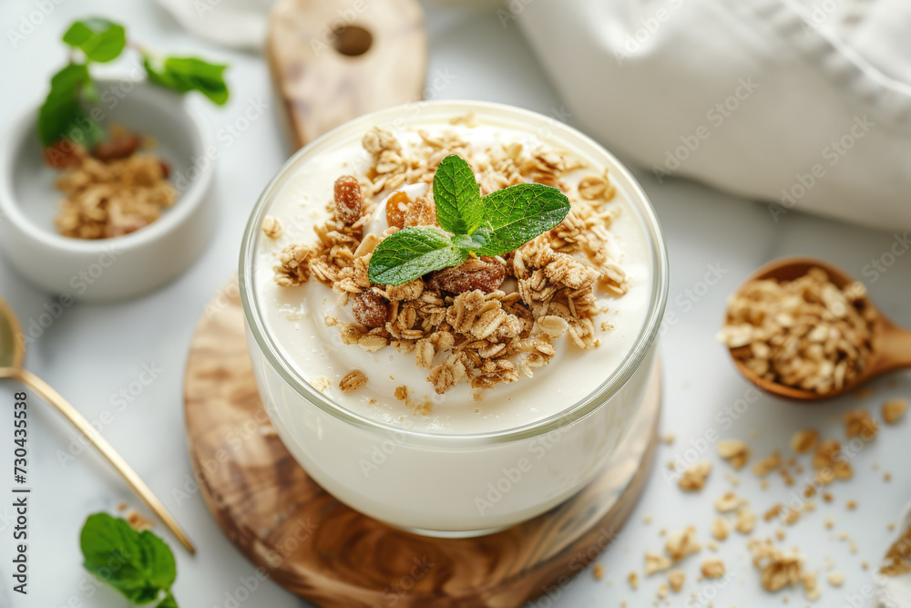 yogurt with a white color and a granola yogurt with a white color and a granola