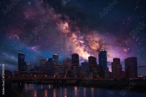 Milky Way over a city skyline, with skyscrapers and a bridge