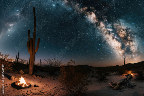 Milky Way over a desert landscape, with cacti and a campfire