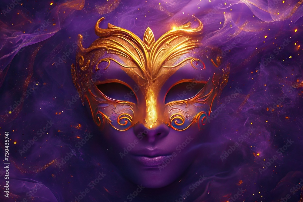 Venetian carnival mask with shiny golden streamers and glitter on dark purple background. Carnival party concept. Magic and mystery. Festive backdrop for design card, banner, flyer with copy space
