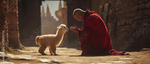 Man Kneeling Next to Baby Llama