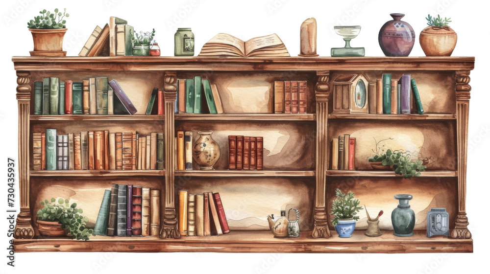 Watercolor different shelves of a wooden bookcases plated isolated transparent background. PNG Format.