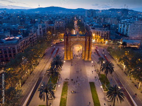 Aerial night view of Arc de Triomphe, Barcelona photo