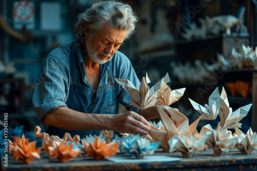 A pair of hands creating intricate origami figures, highlighting the artistry and creativity of paper folding. Concept of craftsmanship and artistic expression. Generative Ai.