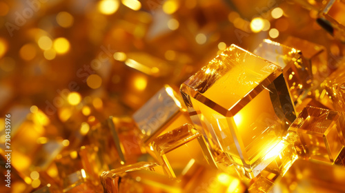 Golden crystals and glass cubes wallpaper with abstract 3D light shine. Luxurious gold crystals background. © ImageHeaven
