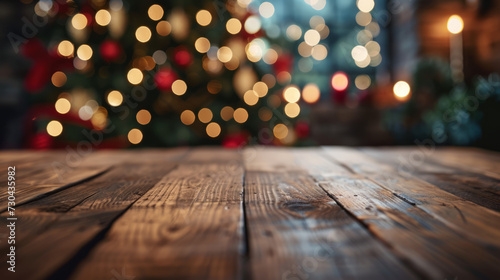 Empty wooden table with christmas theme in background