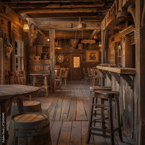 Vintage Wild West Saloon Interior with Rustic Wooden Furniture