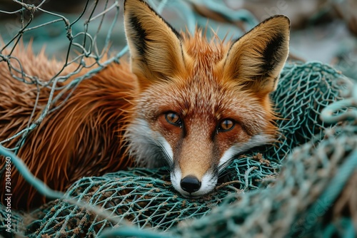 A Red Fox Is Laying In A Fishing Net