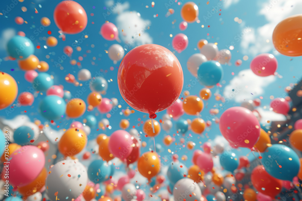 A series of colorful balloons released into the sky, symbolizing celebration, joy, and the uplifting spirit of special occasions. Concept of festive moments. Generative Ai.