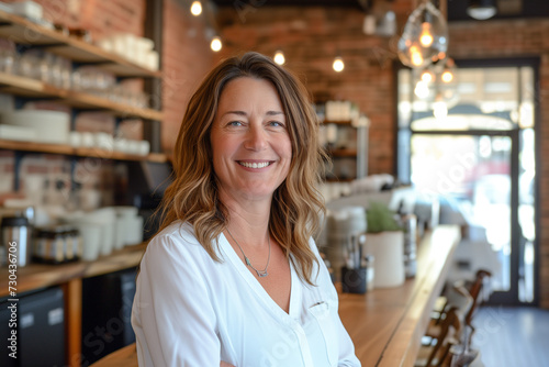 Senior matured woman standing in the coffee shop, Portrait of a mid aged lady standing in a bakery or cafe, Successful senior businesswoman smiling looking at camera, Small business owner testimonial