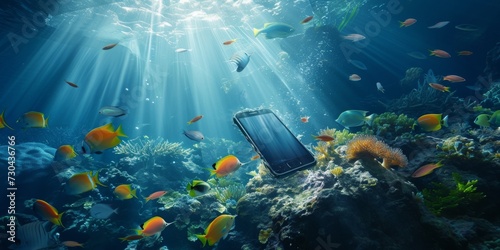 Disconnected Depths: A Smartphone Sinks Amongst Tropical Fish, Contrasting Technology with Natural Marine Life, Generative AI