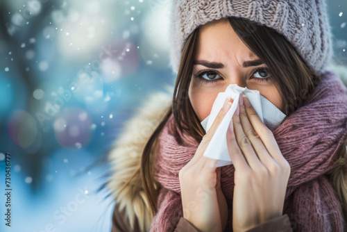 Sick woman with flu blowing her nose in a tissue on blurred background