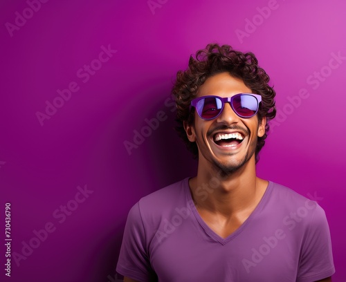 Portrait of a young smiling man with glasses, highlighted on a purple background with space for inscriptions or text.generative artificial intelligence