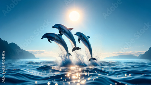 Sunlit Dolphins Jumping Sparkling Ocean Waters © ANDREY PROFOTO