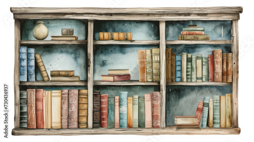 Watercolor different shelves of a wooden bookcases plated isolated transparent background. PNG Format.