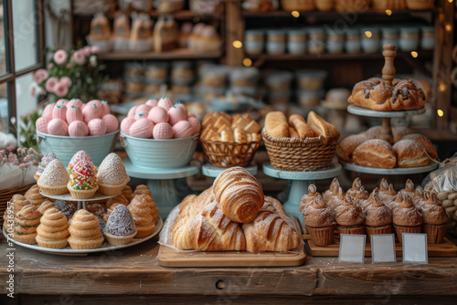 An Easter-themed window display at a local bakery, featuring delectable treats and pastries adorned with edible Easter decorations. Concept of seasonal bakery delights. Generative Ai.