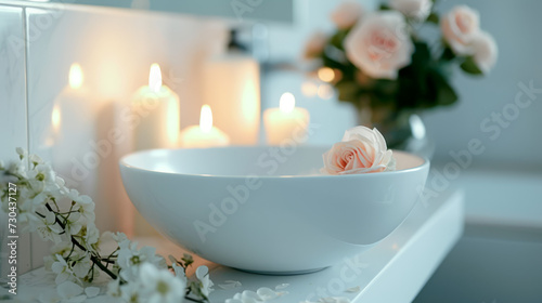 An elegant white bathroom with a modern vessel sink, adorned with roses and scented candles, creating a romantic Zen atmosphere.
