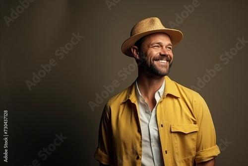 Portrait of a happy man in a yellow shirt and hat.