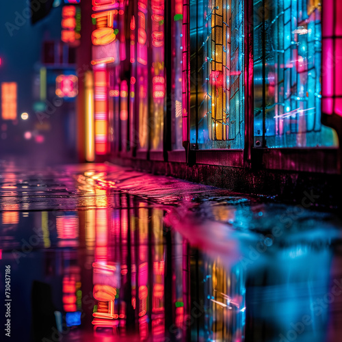 Neon Lights Reflections on Wet City Streets at Night