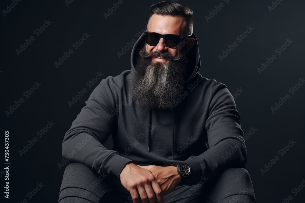 Portrait of a stylish bearded man in sunglasses and a black hoodie