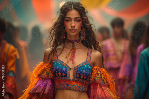 A Holi-themed fashion show with models showcasing vibrant and culturally inspired clothing, blending tradition with contemporary style. Concept of festive fashion. Generative Ai.