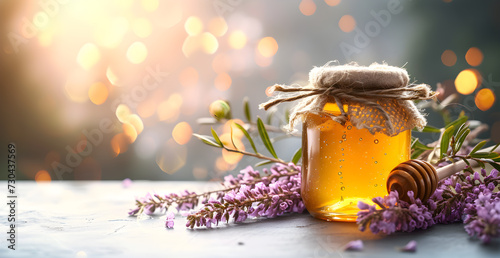 Text background with a bottle of honey and natural products with a ray of sunshine and warm atmosphere, small white flowers photo