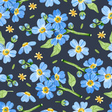 Watercolor blue forget-me-not flowers and leaves seamless pattern on dark background